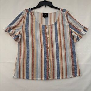 W5 Women's Striped Button-Down Blouse - Blue and Brown Size Large INV25/320